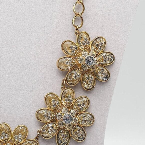 Gold Tone Flower Necklace Matching Crystal Ball Earrings Set - Picture 5 of 7